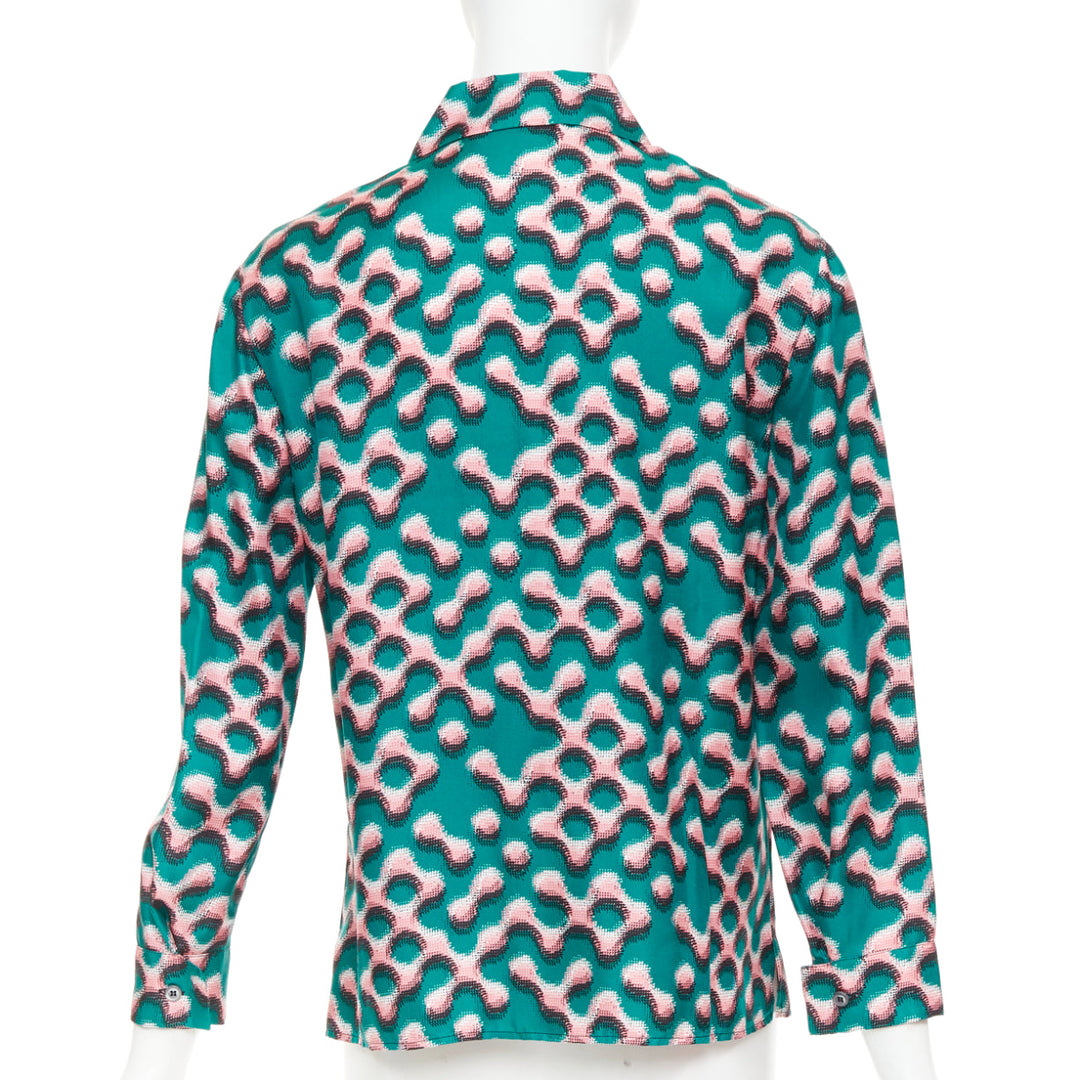 PRADA  100% silk green pink geometric print long sleeve shirt IT38 XS