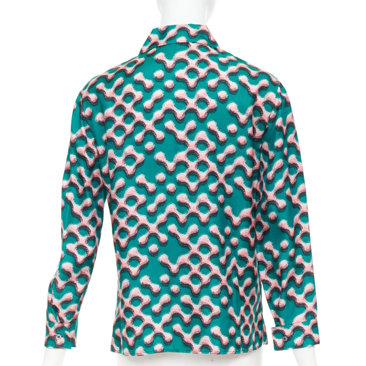 PRADA  100% silk green pink geometric print long sleeve shirt IT38 XS