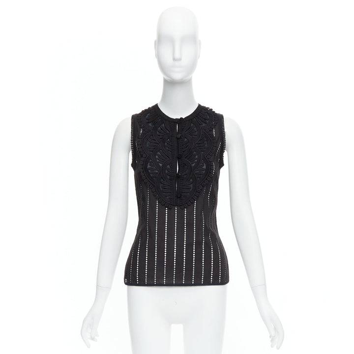 ANDREW GN black eyelet lace lattice geometric buttons sleeveless top FR38 M