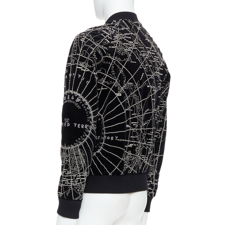 BALMAIN Broderie black map crystal bead embroidery velvet bomber jacket FR48