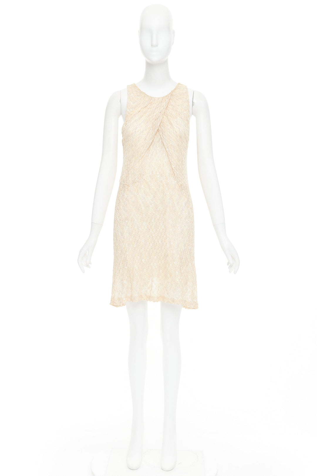 MISSONI cream sequin embellished loose knit pleated neck mini dress IT44 L