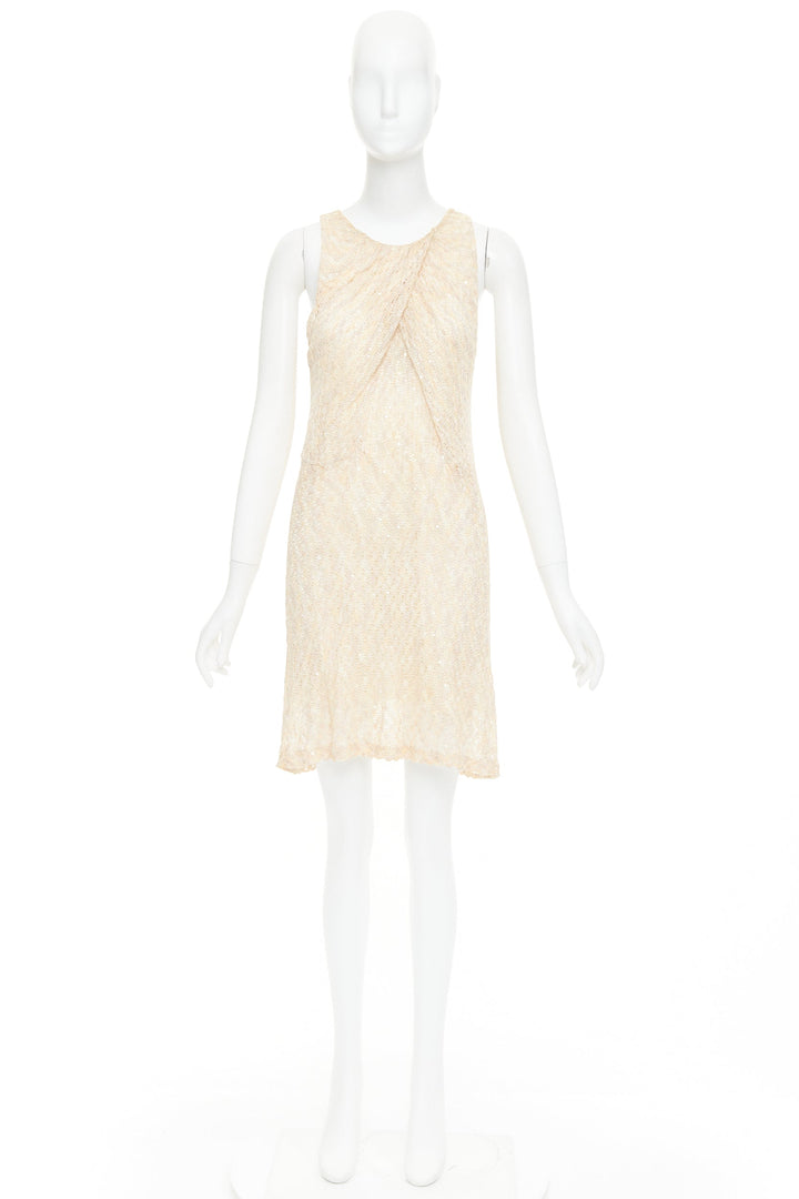 MISSONI cream sequin embellished loose knit pleated neck mini dress IT44 L