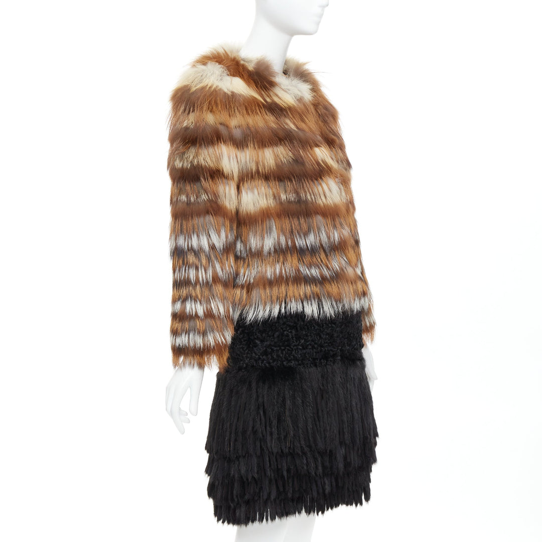 GIAMBATTISTA VALLI brown black mixed fur fringe hem long coat