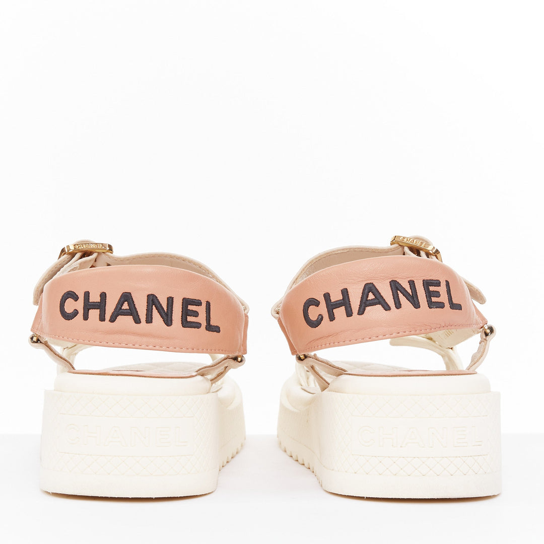CHANEL 2023 white quilted canvas CC logo flatform strappy dad sandals EU38