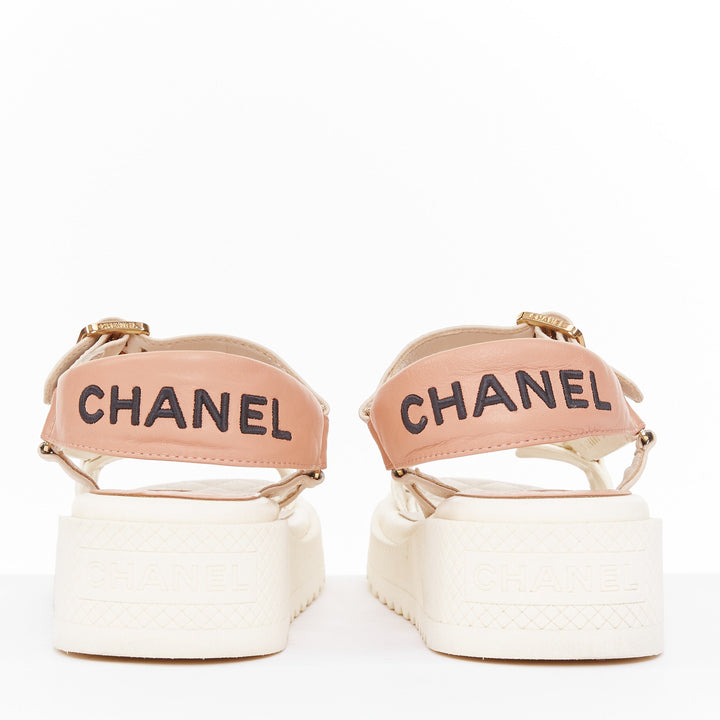 CHANEL 2023 white quilted canvas CC logo flatform strappy dad sandals EU38