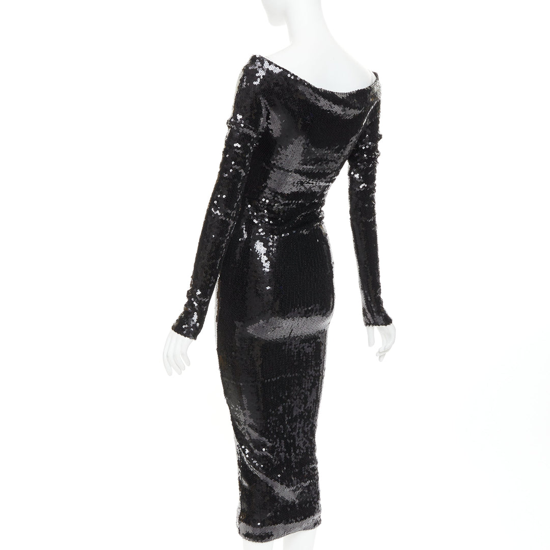 ALEXANDRE VAUTHIER SS2023 Runway black sequinned off shoulder stretch midi dress