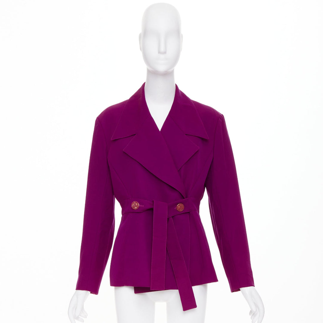 KARL LAGERFELD Vintage purple magenta wool wide lapel belt wrap jacket FR44 2XL