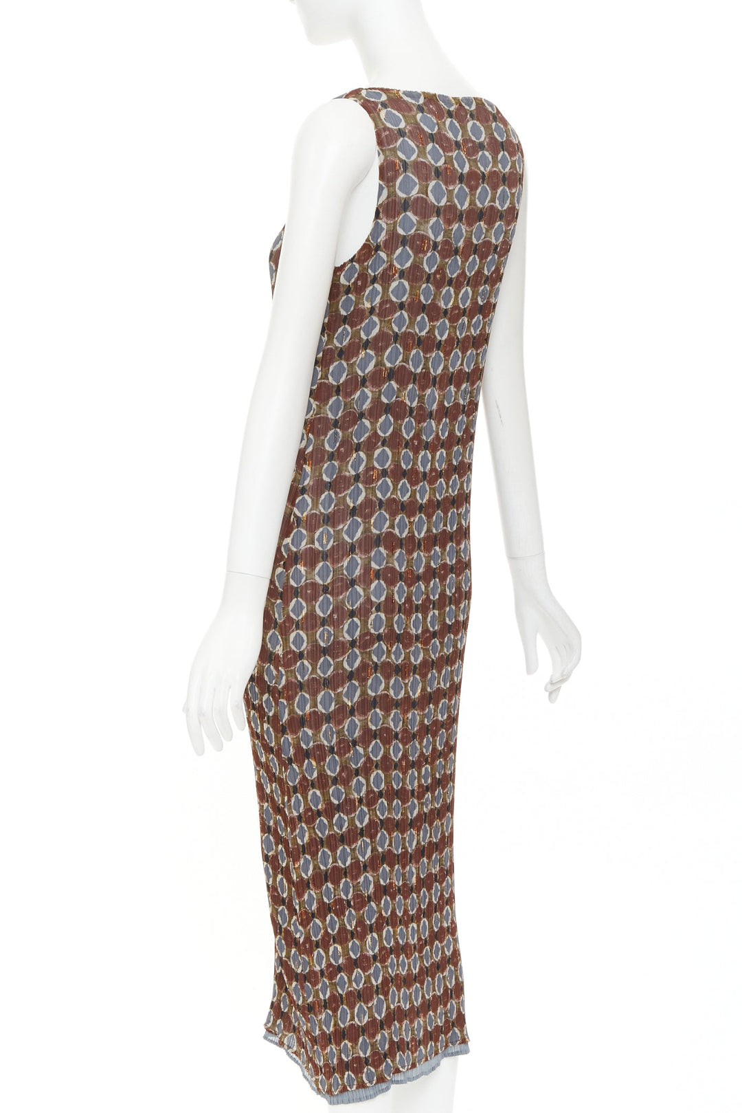 ISSEY MIYAKE Vintage Ajrakh brown blue tile print metallic ruffle pleat dress S