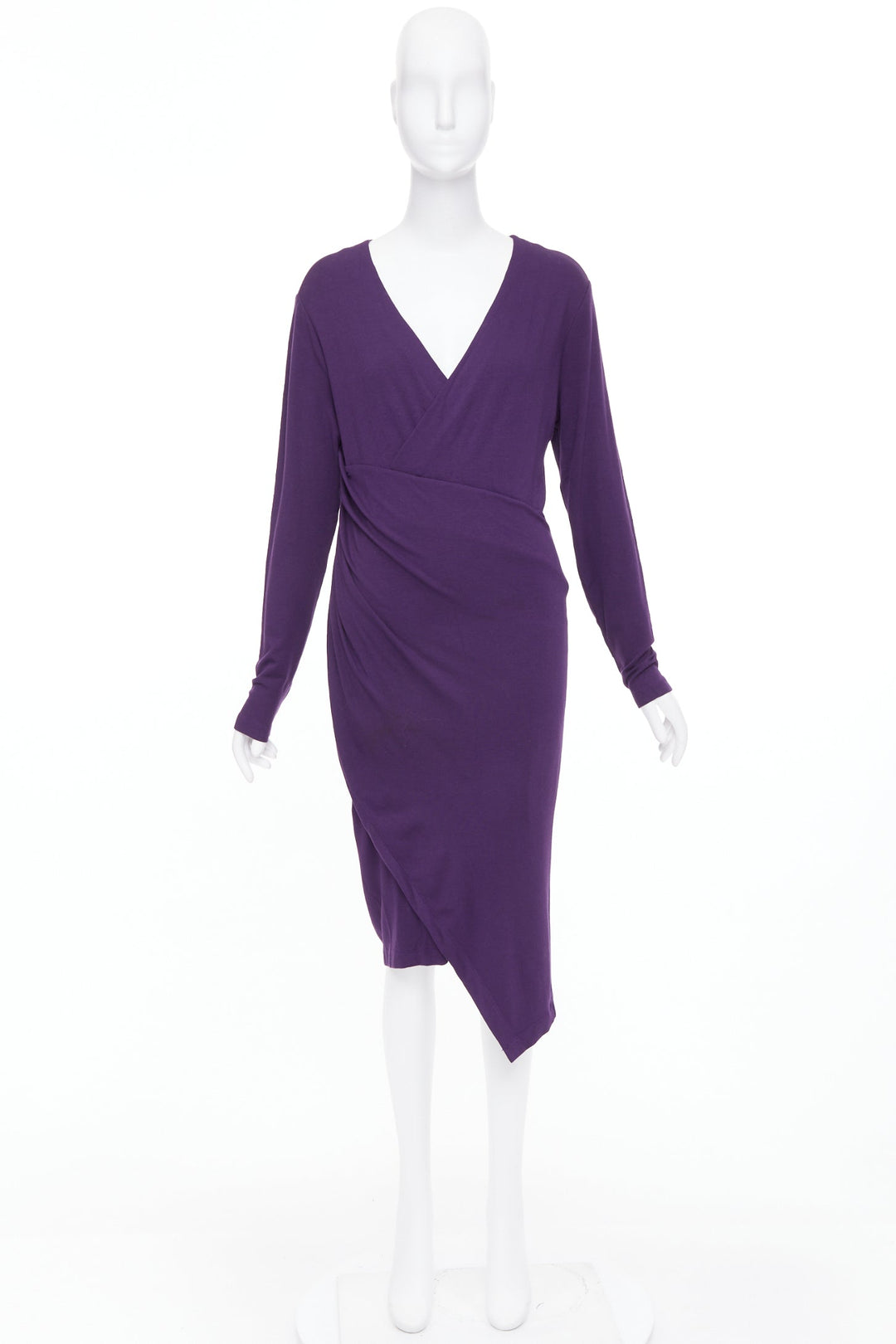DONNA KARAN Surplice Neck Wrap purple jersey V neck drape dress L