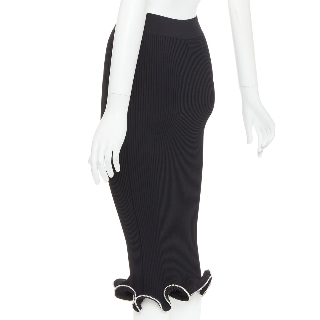 ALEXANDRE VAUTHIER black ribbed knit silver strass crystal flounce ruffle skirt