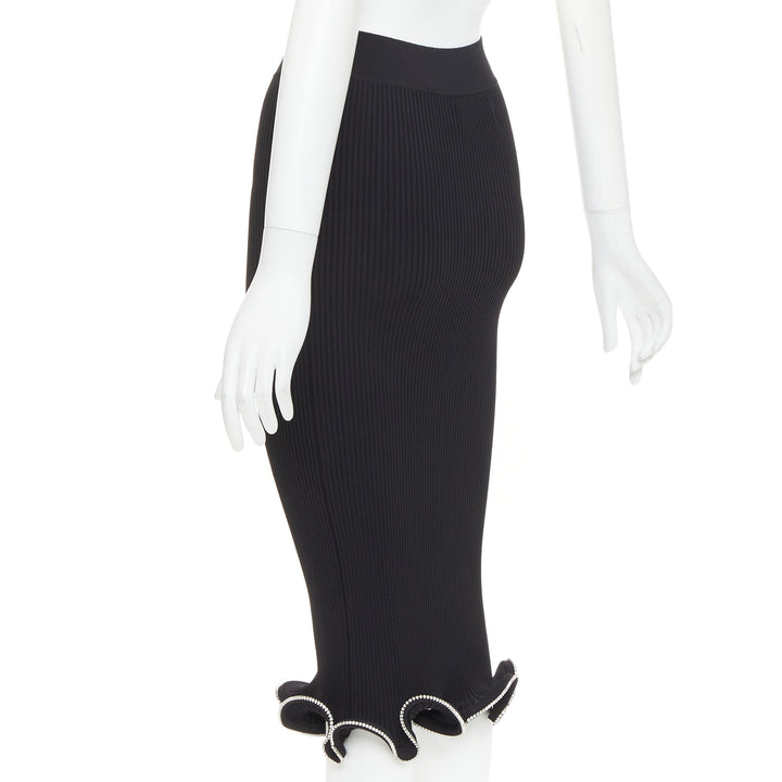 ALEXANDRE VAUTHIER black ribbed knit silver strass crystal flounce ruffle skirt