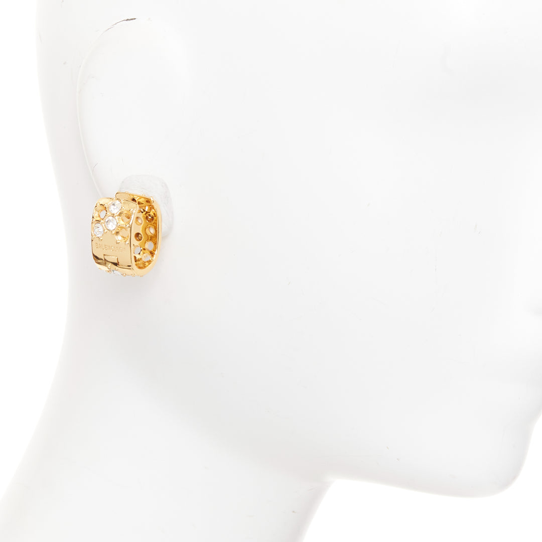 BALENCIAGA 2021 Demna gold tone logo crystals chunky U shape hoop earrings