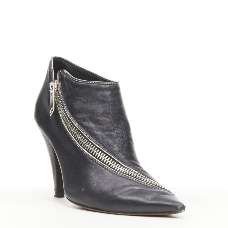 OLD CELINE Phoebe Philo black leather twist silver zip cone heel bootie EU36.5