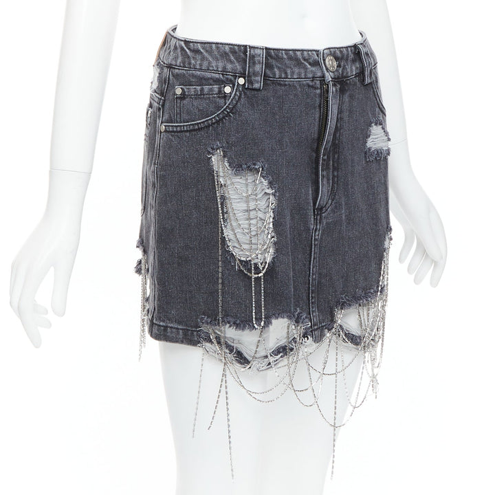 MARK GONG grey denim distressed beaded fringe mini skirt IT36 XXS
