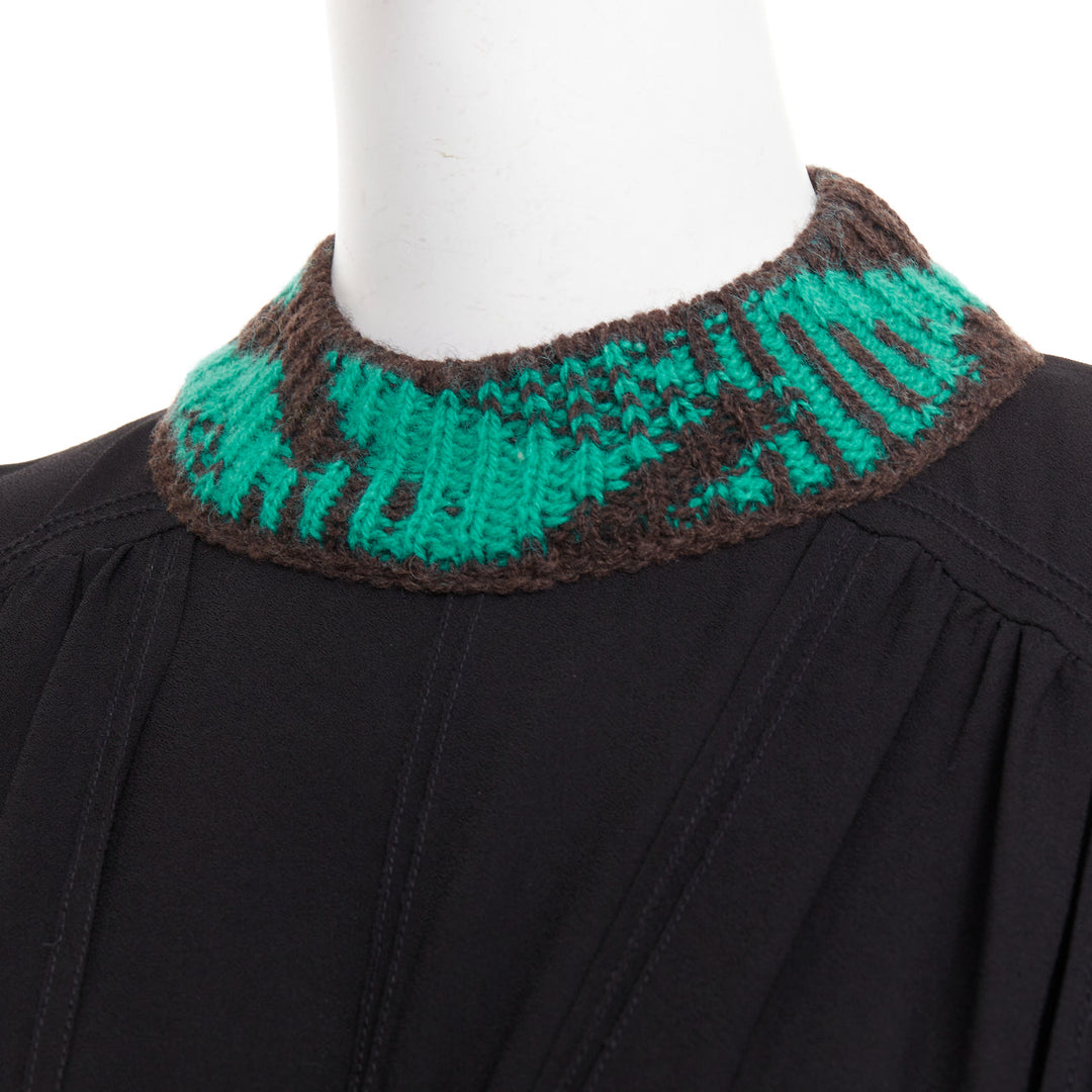 PRADA 2021 Runway black sable green jacquard wool knit pleated jumpsuit IT38 XS