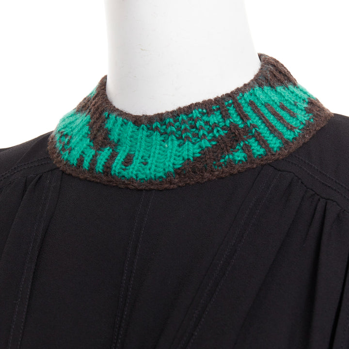 PRADA 2021 Runway black sable green jacquard wool knit pleated jumpsuit IT38 XS