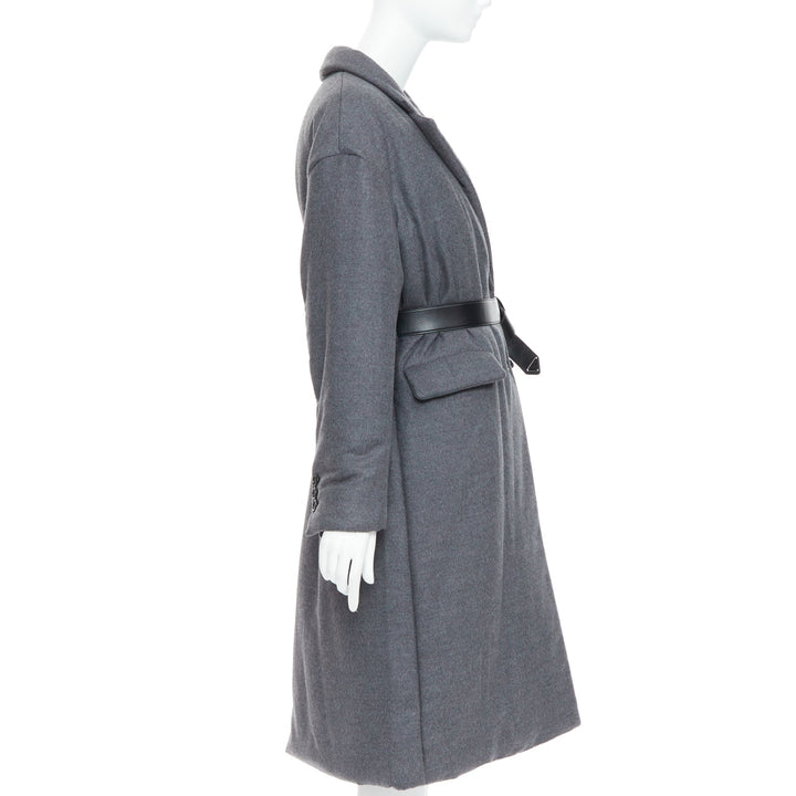 PRADA 2022 grey cashmere wool leather logo belt padded coat IT40 S