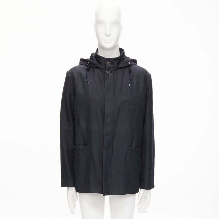 MARNI black wool leather stopper hooded concealed buttons parka jacket IT48 M