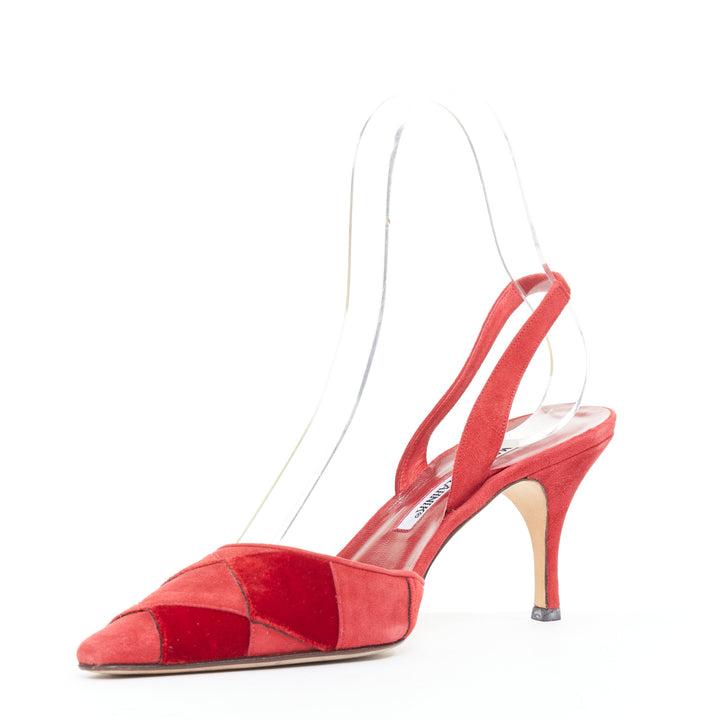 rare MANOLO BLAHNIK red suede harlequin check slingback pumps EU38