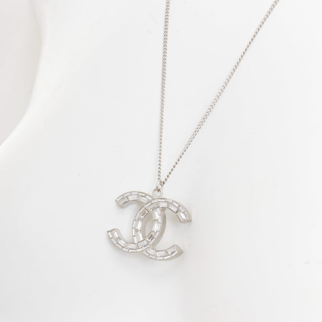 CHANEL 09A silver toned green resin reversible crystal pave CC pendent necklace