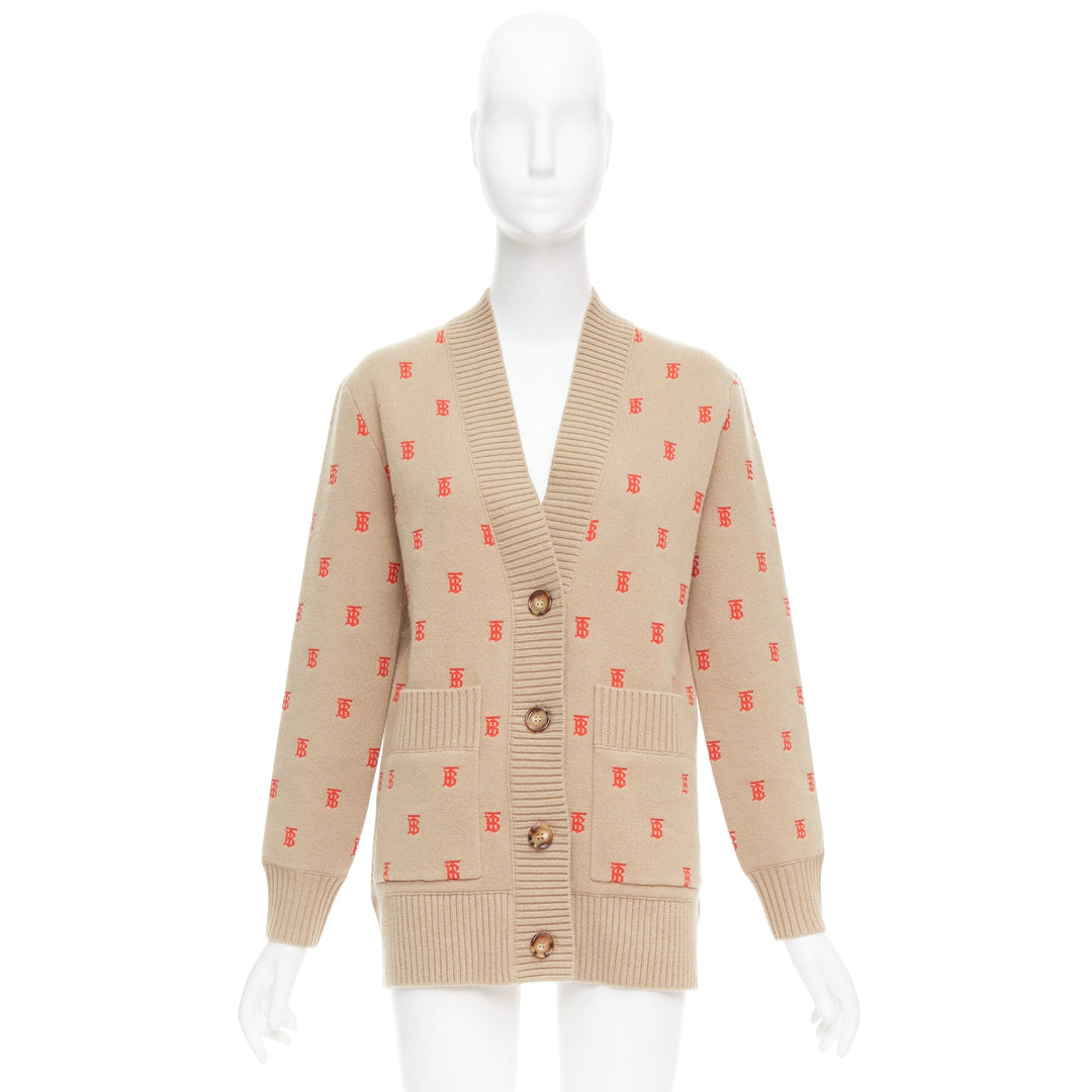 BURBERRY TB monogram camel red cashmere blend oversied cardigan XS