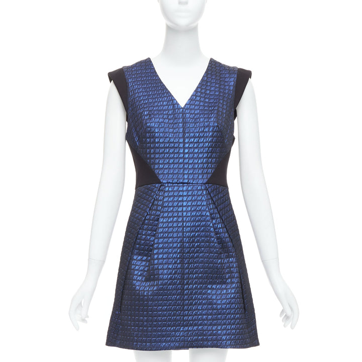 TIBI blue black quilted lurex jacquard V-neck mini dress US6 M