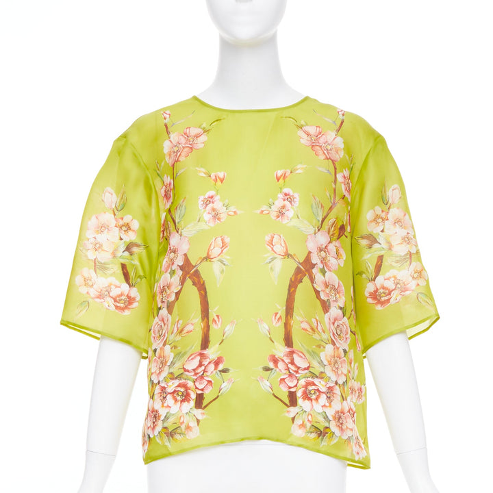DOLCE GABBANA 100% silk green pink blossom print half sleeve blouse IT40 S