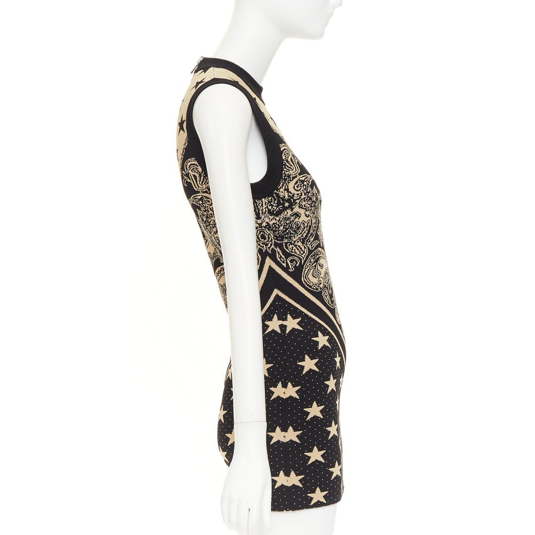 BALMAIN 2023 Ivoire Noir Star Baroque Paisley print intarsia knit dress FR36 S