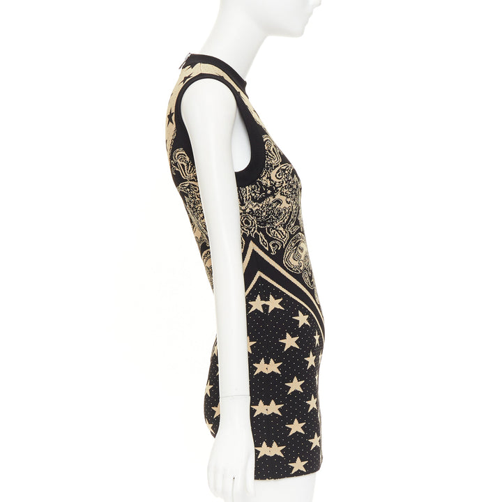 BALMAIN 2023 Ivoire Noir Star Baroque Paisley print intarsia knit dress FR36 S