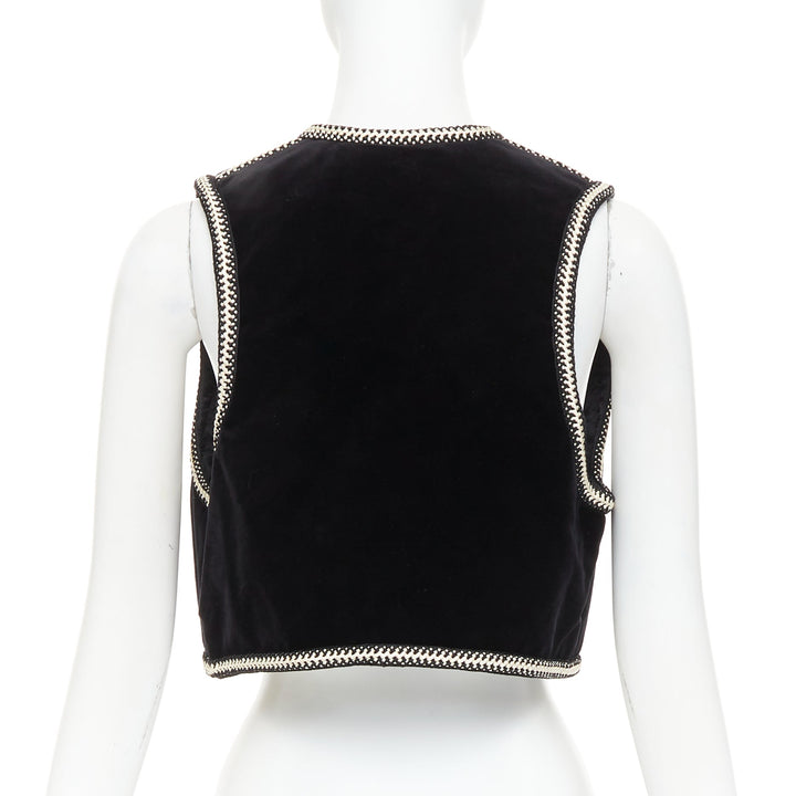 CELINE black cotton velvet gold braided weave trim cropped gilet vest FR38 M