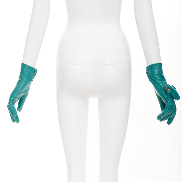 PRADA Raf Simons 2021 Runway teal lambskin leather triangle pouch gloves Sz7