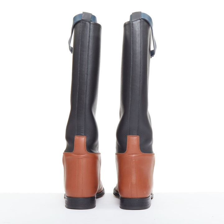 HERMES Jumping Kelly tri-color black brown navy calfskin riding boots EU37