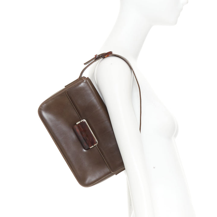PRADA Vintage dark brown leather acrylic logo buckle flap bag