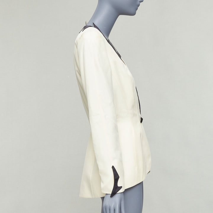THIERRY MUGLER 1998 Vintage off white cotton border collar peplum blazer FR40 L