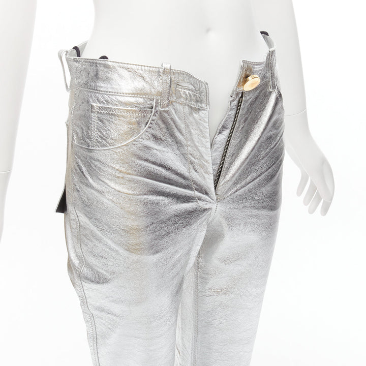 PETAR PETROV silver genuine leather gold ring zip moto pants FR36 S