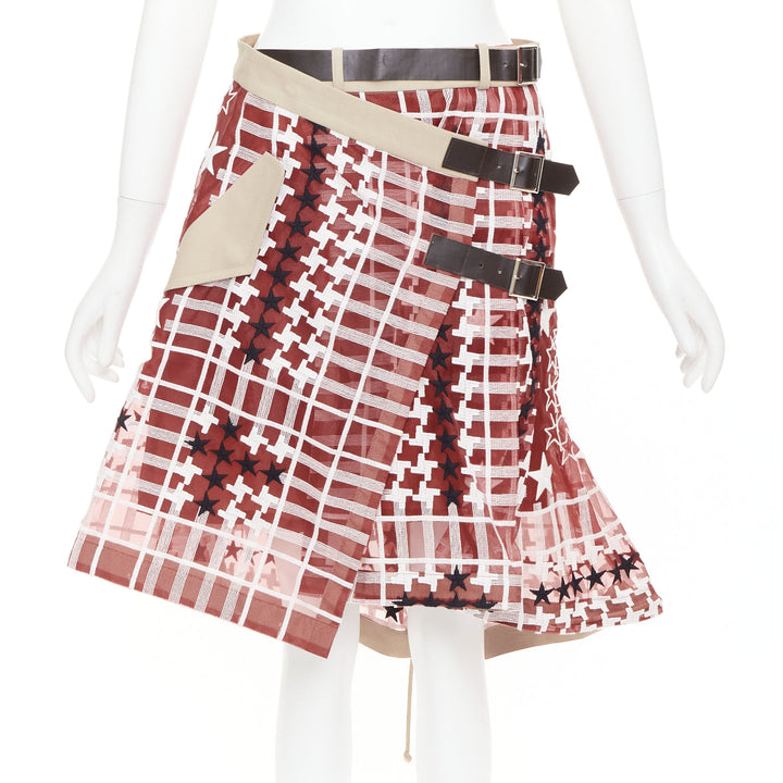 SACAI 2017 red white houndstooth star check sheer leather buckle wrap skirt JP2