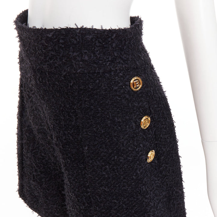 BALMAIN black speckle metallic tweed gold B buttons high rise shorts FR38 M