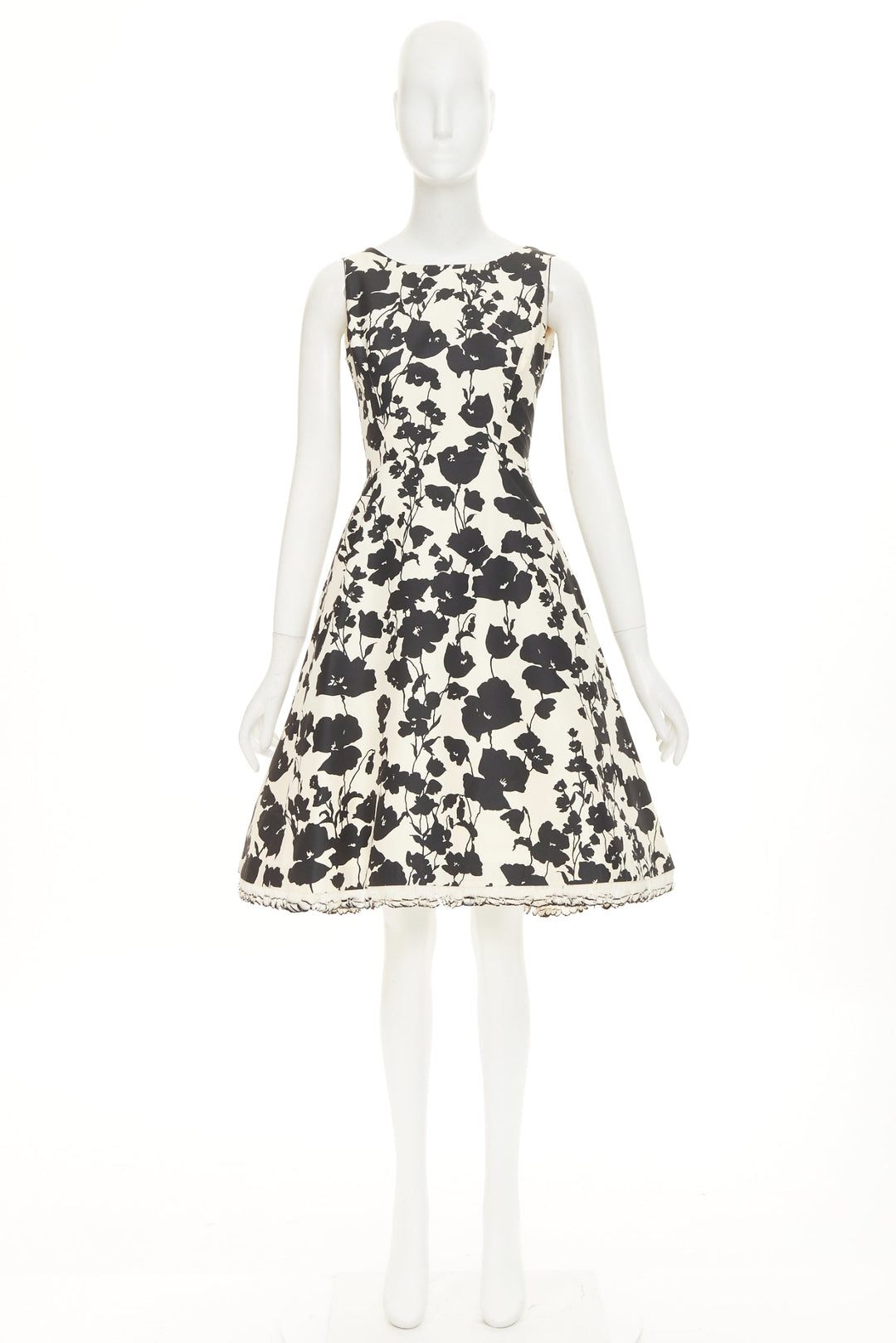 OSCAR DE LA RENTA R08  poppy floral black white silk feather hem dress US0 XXS