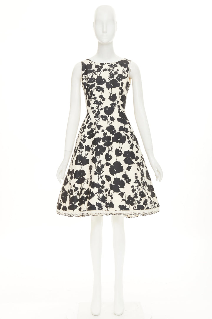 OSCAR DE LA RENTA R08  poppy floral black white silk feather hem dress US0 XXS