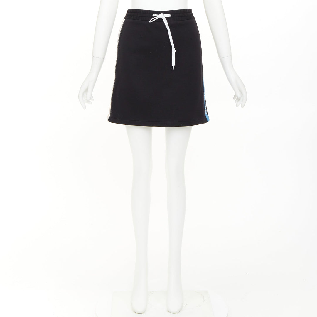 MIU MIU 2019 black cotton jersey blue logo sporty stripe drawstring skirt XS