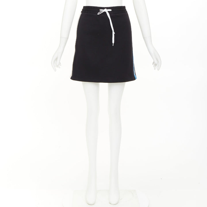 MIU MIU 2019 black cotton jersey blue logo sporty stripe drawstring skirt XS
