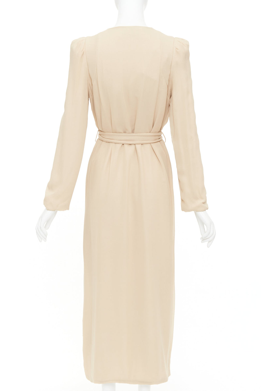 RYAN ROCHE beige double layer silk georgette V neck tie belted coat US4 S