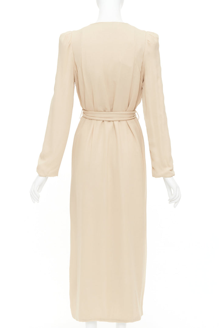 RYAN ROCHE beige double layer silk georgette V neck tie belted coat US4 S