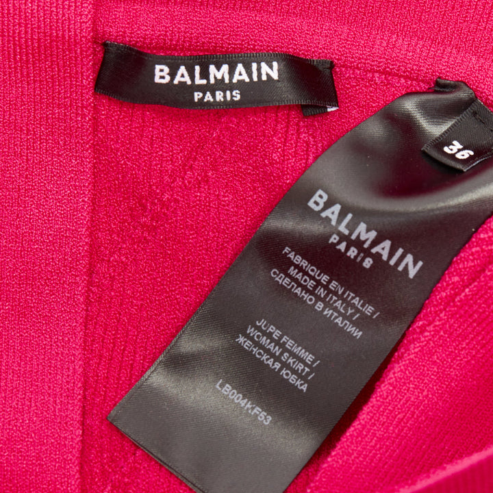 BALMAIN Embellished Knit Miniskirt pink gold button diamond quilted skirt FR36 S