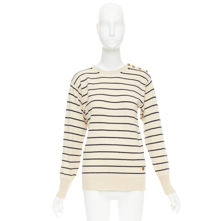 MONCLER Girocollo Tricot cream black wool cotton cashmere striped sweater XXS