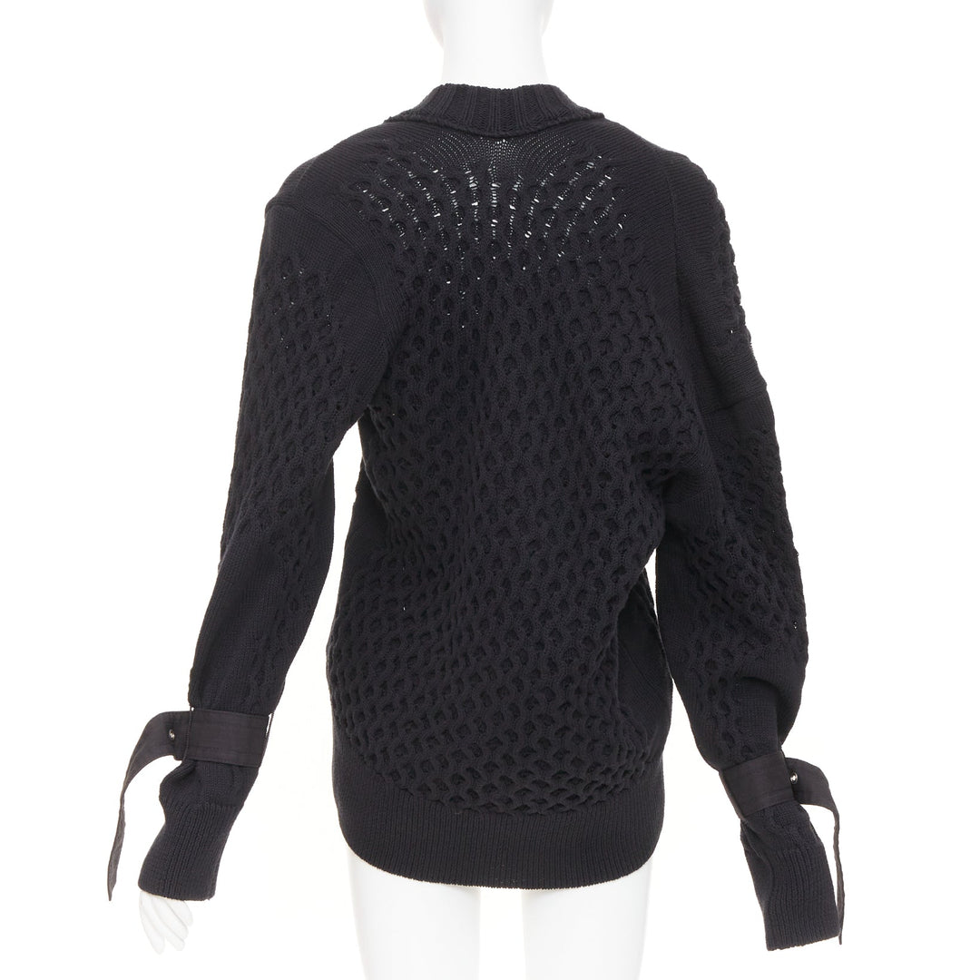 SACAI 2018 black open waffle knit buckle sleeve cotton blend sweater JP1 S