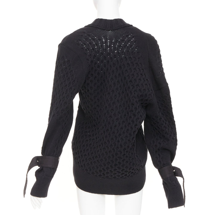 SACAI 2018 black open waffle knit buckle sleeve cotton blend sweater JP1 S