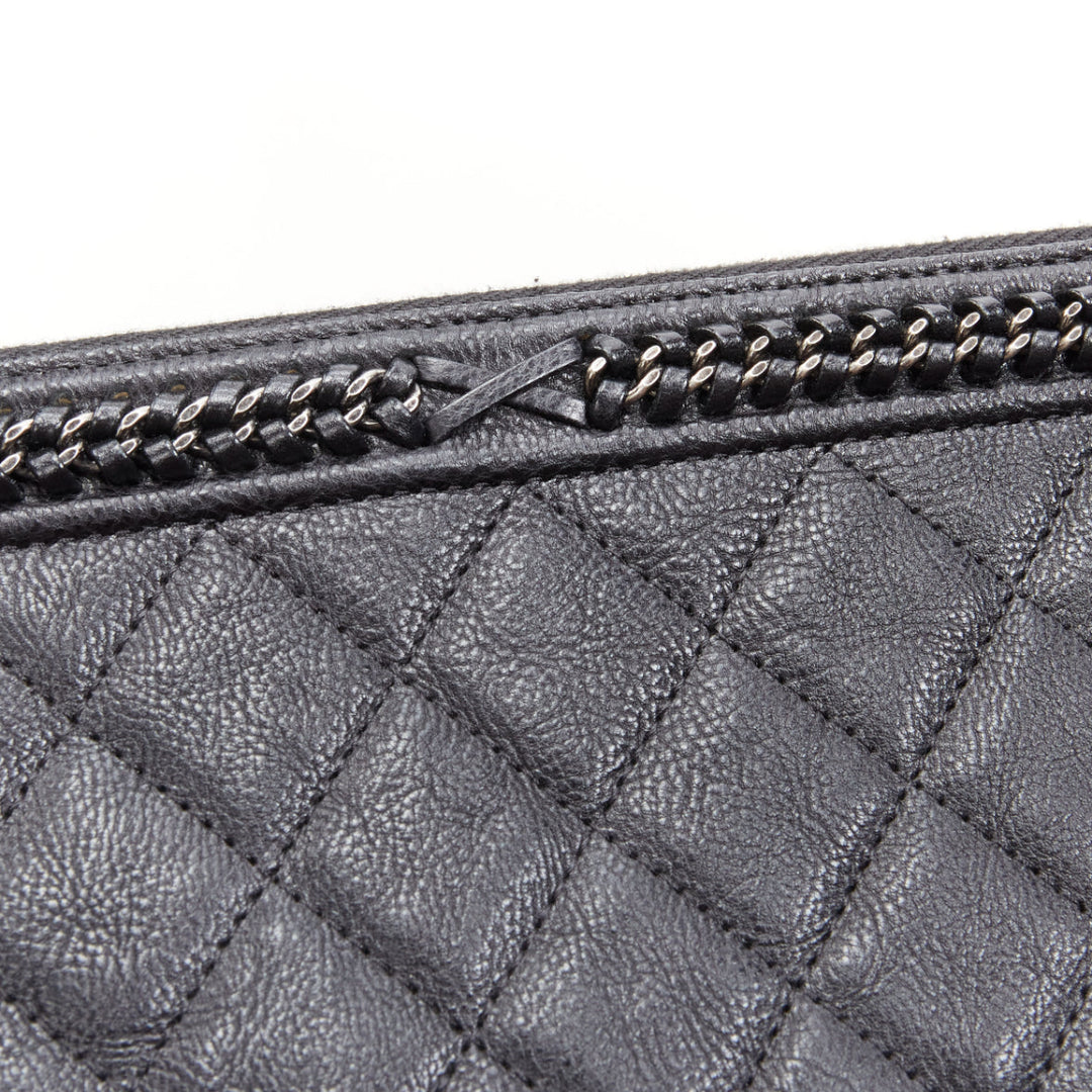 CHANEL Large Boy O Case black quilted leather chain trim flat pouch clutch bag