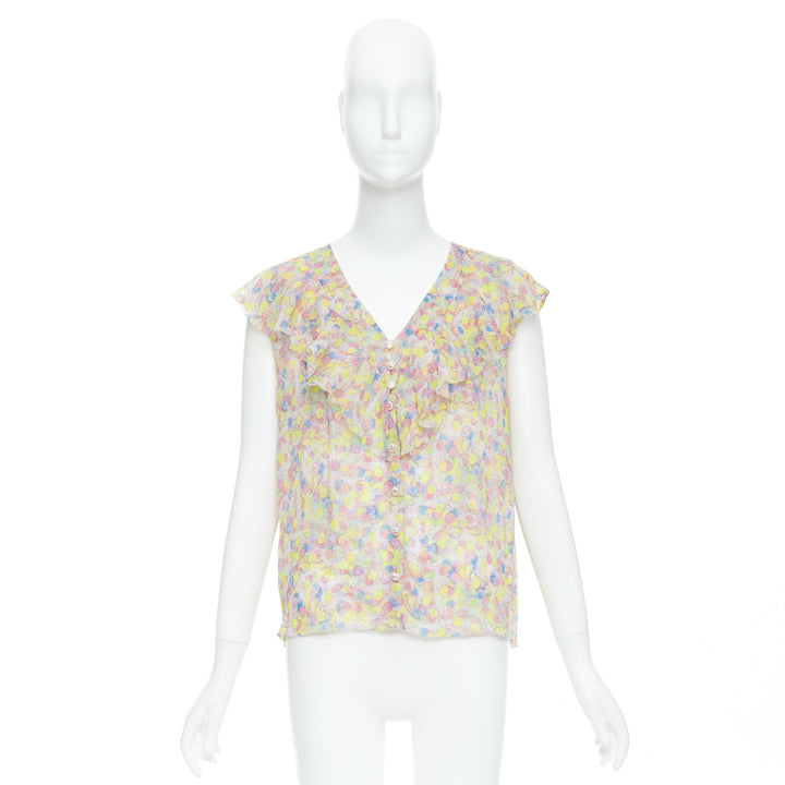 CHANEL 2011 100% silk Vintage circle pastel CC logo ruffle blouse FR42 XL