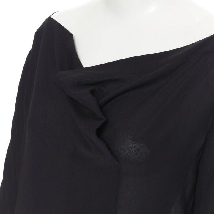 THE ROW black viscose pleated wide boat neck leather button cuff blouse top US2